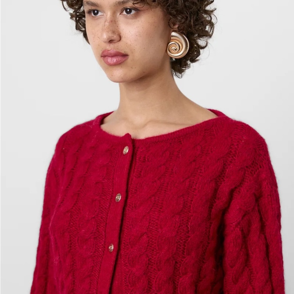 cult gaia Red Cable-Knit Mohair Blend Cardigan